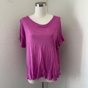 Eri + Ali Linen Blouse Ruffles Sleeves Scoop Neck Cross Back Lightweight Fuchsia